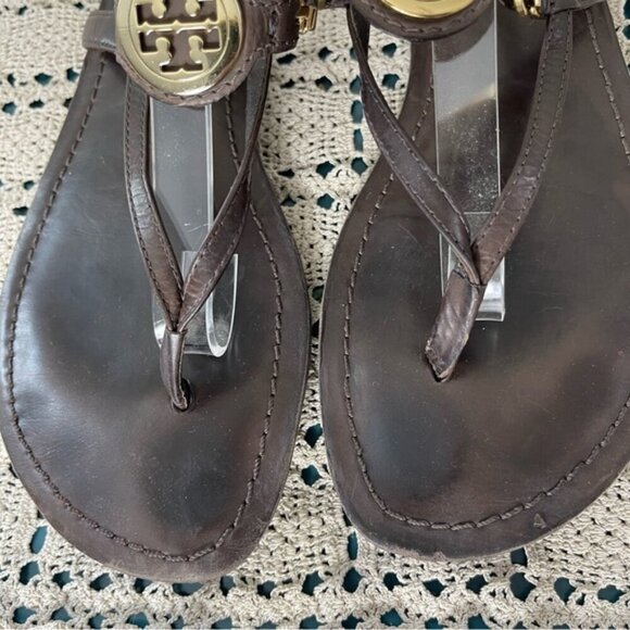 Tory Burch Ali-Anteka Leather Brown coconut Sandals 8.5 Gold hardware slingback - Picture 2 of 11